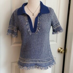 Tory Burch Navy and White Knit Fringe Polo Tunic